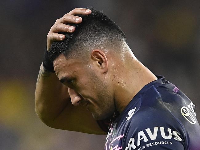 TOWNSVILLE, AUSTRALIA - JULY 22: Valentine Holmes of the Cowboys goes to the sin bin during the round 21 NRL match between North Queensland Cowboys and Parramatta Eels at Qld Country Bank Stadium on July 22, 2023 in Townsville, Australia. (Photo by Ian Hitchcock/Getty Images)