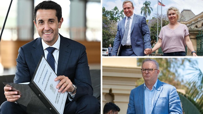 Clockwise from main: triumphant LNP leader David Crisafulli on Sunday; outgoing premier Steven Miles with his wife Kim; Anthony Albanese in Sydney. Picture: Lyndon Mechielsen, Lachie Millard, Simon Bullard / NewsWire