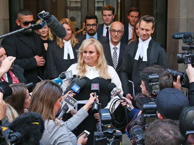 Rebel Wilson speaking to the media after winning her case. Picture: Scott Barbour/Getty Images