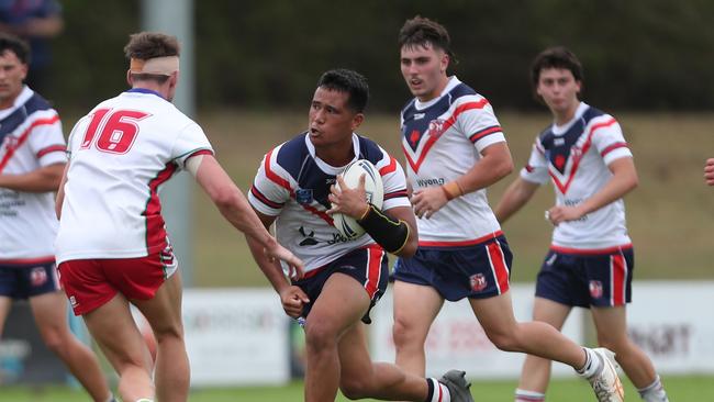 Josiah Fesolai on attack.  Picture: Sue Graham. Laurie Daley Cup round one, Central Coast Roosters vs Monaro Colts at Morry Breen Oval, 3 February 2024