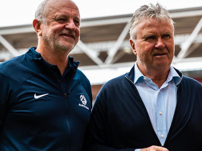 Current and former Socceroos managers Graham Arnold and Guus Hiddink. Picture: FFA