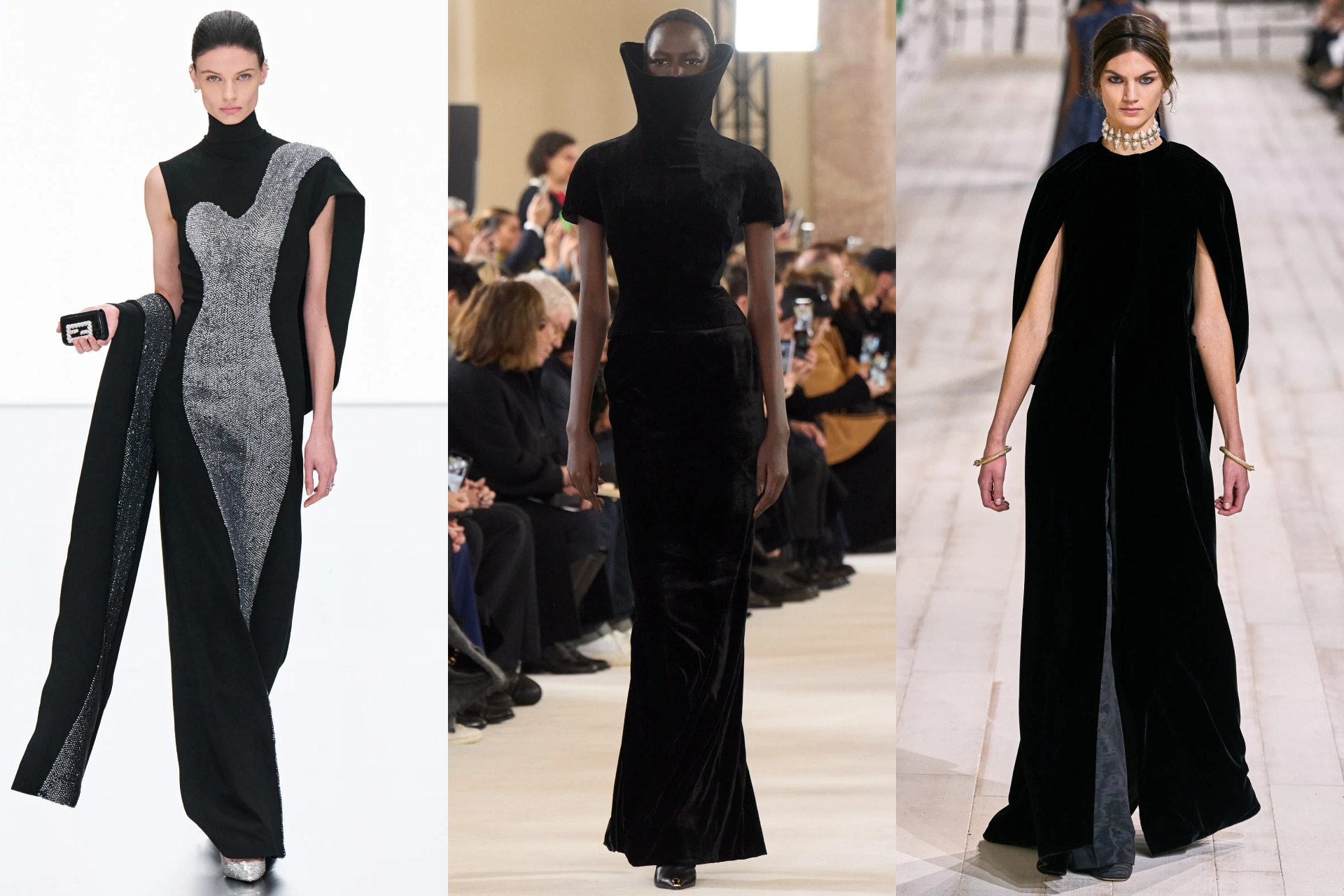 <p><i>Above (L-R): Fendi, Schiaparelli, Dior</i></p><h2><b>Sci-fi chic</b></h2><p>It was back to the future at Schiaparelli, where film buff Daniel Roseberry nodded to sci-fi films like <i>Alien</i> with H.R. Giger spines and a Ripley-inspired white singlet. (The presence of <i>Dune</i>&rsquo;s Zendaya in the front row only made the sci-fi mood more explicit.) Fendi&rsquo;s Kim Jones also traversed a sleeker path this season. &ldquo;I wanted the collection to feel quite graphic rather than romantic because I was thinking about Fendi and how, under Karl, there was always an element of &lsquo;futurism,&rsquo;&rdquo; he told press. His looks were sharp and architectural, worn with goggles; the show closed in a brilliant flash of space-age silver.&nbsp;</p>