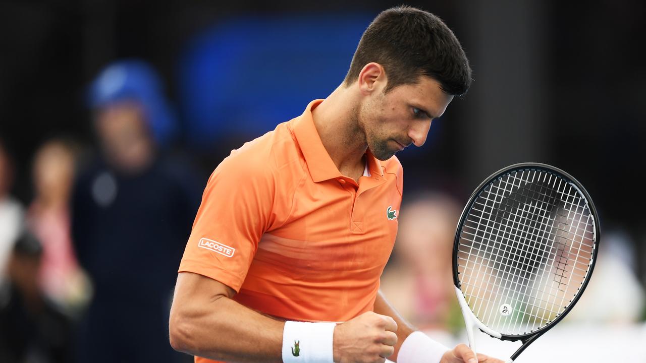 ADELAIDE, AUSTRALIA - JANUARY 03: Novak Djokovic of Serbia celebrates a point against Constant Lestienne of France during day three of the 2023 Adelaide International at Memorial Drive on January 03, 2023 in Adelaide, Australia. (Photo by Mark Brake/Getty Images)