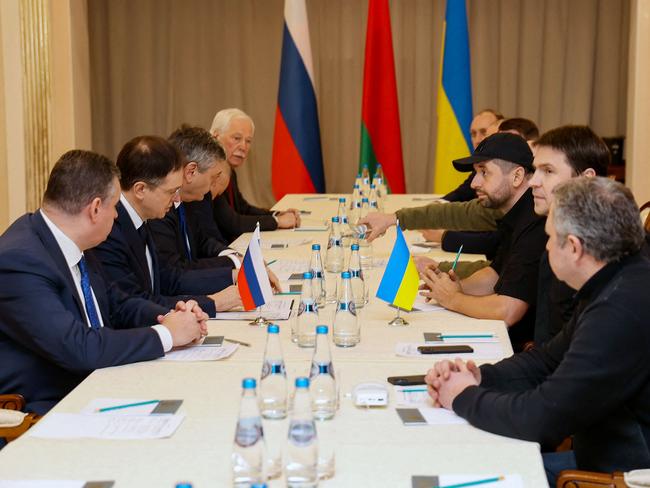 Members of delegations from Ukraine and Russia meet for talks in Belarus’ Gomel region overnight (AEDT). Picture: AFP