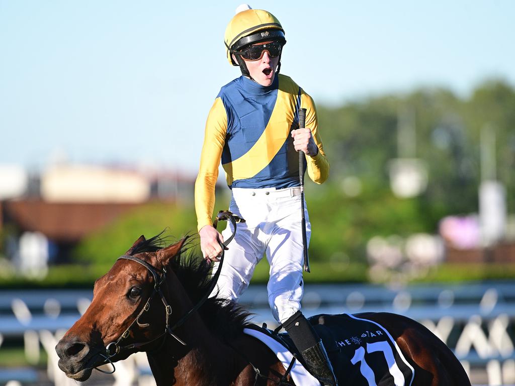 Zac Lloyd celebrates his breakthrough Group 1 win aboard Stefi Magnetica in the Stradbroke Handicap in June. Picture: Grant Peters/Trackside Photography