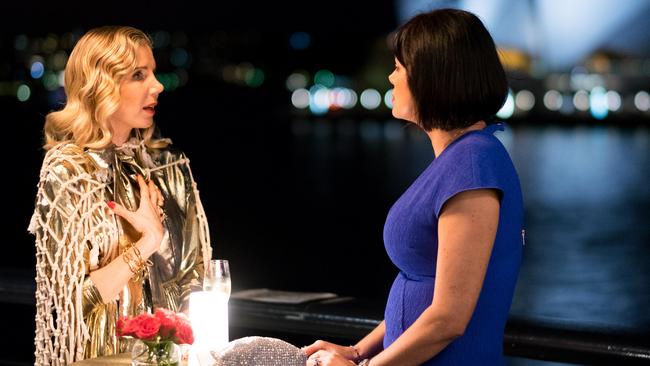 Athena Levendi with Lisa Oldfield on Real Housewives Of Sydney. (Pic: Ben Symons/ Foxtel)