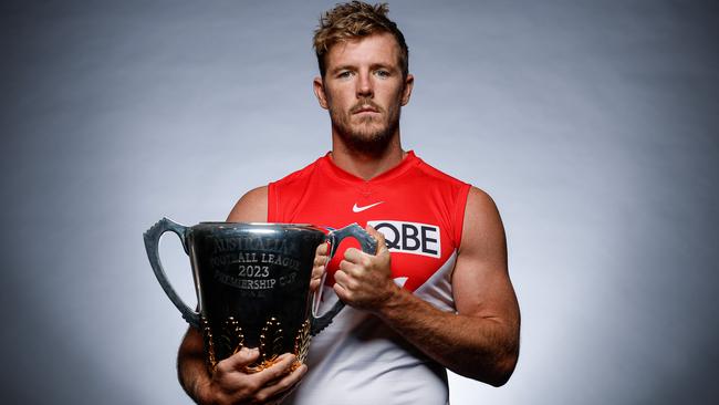 MELBOURNE, AUSTRALIA - MARCH 09: Luke Parker of the Swans is seen with the Premiership Cup during the 2023 AFL Captains Day at Marvel Stadium on March 09, 2023 in Melbourne, Australia. (Photo by Michael Willson/AFL Photos via Getty Images)