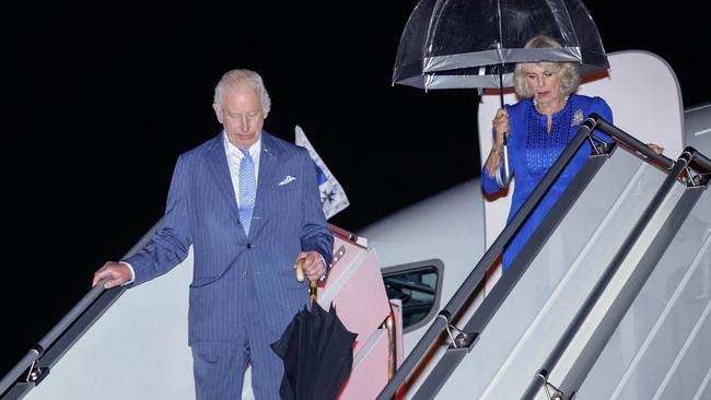 SYDNEY, AUSTRALIA - NewsWire Photos - 18 OCTOBER, 2024:  SYDNEY, AUSTRALIA - NewsWire Photos - 18 OCTOBER, 2024:  Britain's King Charles III and Queen Camilla arrive at Sydney International Airport in Sydney on October 18, 2024, for a six-day royal visit to Sydney and Canberra. Picture: NewsWire / Pool / Brook Mitchell