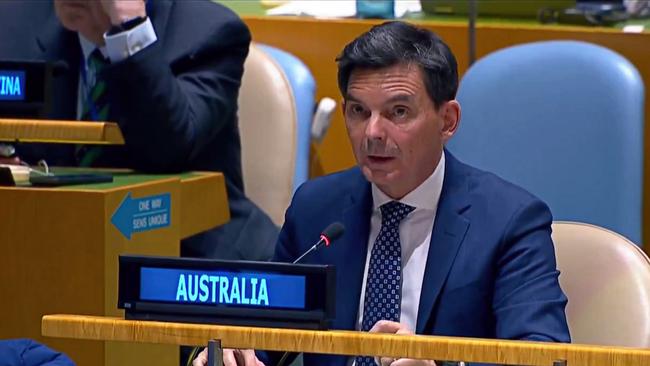 Australian’s Ambassador to the UN James Larsen speaks during the UN General Assembly emergency special session on the Israel-Hamas war in New York. Picture: X