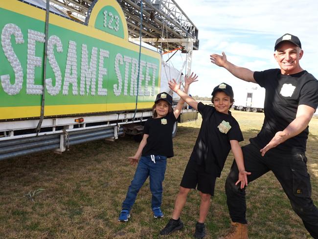 Sesame Street Circus Spectacular show director and Globe Rider Dominik Gasser with Mason and Cooper Gasser, next to the tent about to be put up at the Wentworth Showgrounds. Picture: Michael DiFabrizio