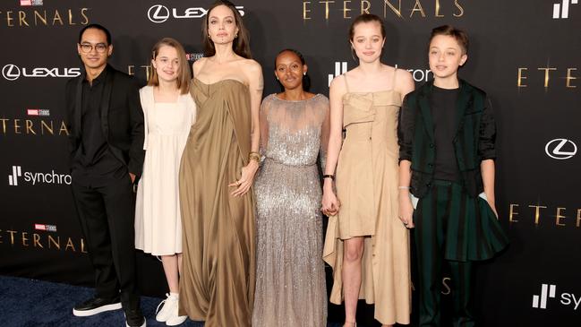 Jolie with her children Maddox, Vivienne, Zahara, Shiloh and Knox. Picture: Jesse Grant/Getty Images for Disney