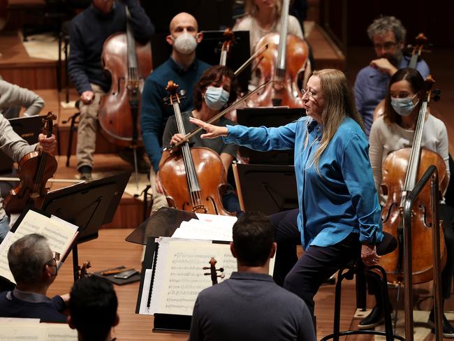 Simone Young with musicians of the Sydney Symphony Orchestra. Picture: Jane Dempster