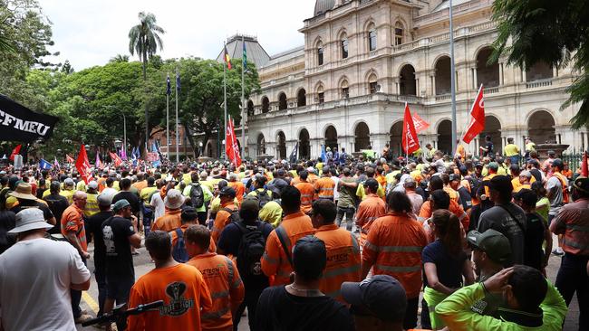 Workers in high vis were heard chanting “Stand up, Fight back” and “Union Power Picture: Liam Kidston