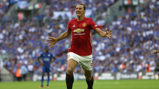 Manchester United's Zlatan Ibrahimovic celebrates after scoring a goal during the Community Shield  match between Leicester City and Manchester United at Wembley Stadium.