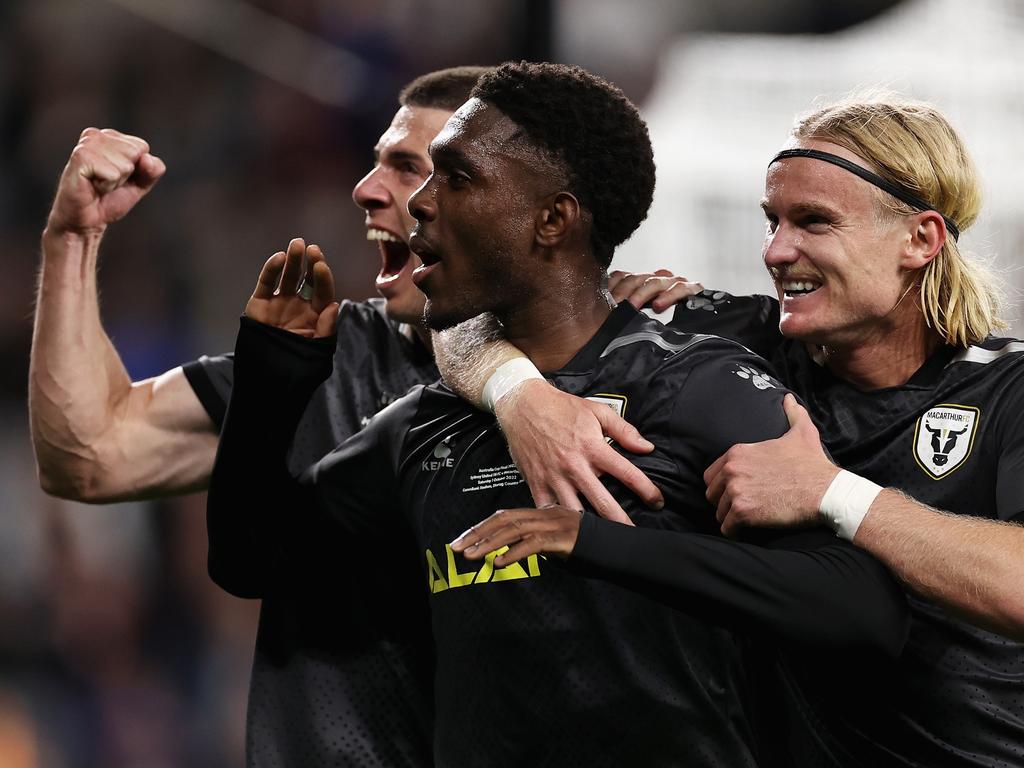 Al Hassan Toure celebrates scoring for Macarthur FC in last year’s Australia Cup final. Picture: Cameron Spencer/Getty Images