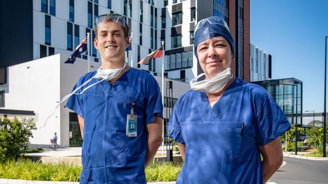 COVID-19 frontline staff at Northern Beaches Hospital. (L-R) are: Matei Andrin, registered emergency nurse, from Manly and Helen Meischke, registered nurse, from Collaroy Plateau. Picture; Julian Andrews.