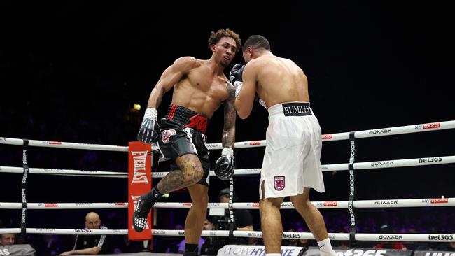 Ben Whittaker taunts Khalid Graidia during the Light Heavyweight fight. Picture: Getty