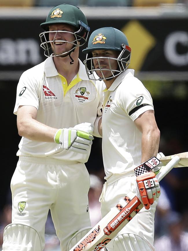 Cameron Bancroft and David Warner after winning the first Test.