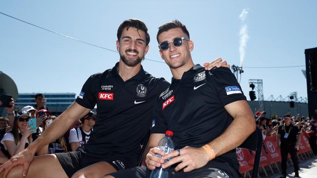 MELBOURNE, AUSTRALIA - SEPTEMBER 29: Josh Daicos and Nick Daicos of the Magpies are seen during the 2023 AFL Grand Final Parade on September 29, 2023 in Melbourne, Australia. (Photo by Michael Willson/AFL Photos via Getty Images)