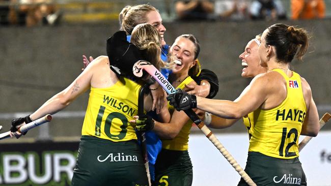 Australia's players celebrate their victory after a shootout in the women's field hockey match between Australia and China in the FIH Hockey Pro League in Sydney. Photo: AFP