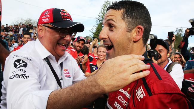 Supercars’ most successful team owner to date Roland Dane celebrates with Jamie Whincup after winning the final race of the Newcastle 500 and also Whincup’s seventh Supercars Championship in 2017. Picture: Tim Hunter