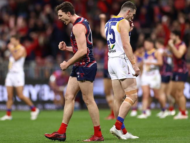 Jake Lever celebrates after the Demons pulled off a stunning comeback. Picture: Cameron Spencer/AFL Photos/via Getty Images