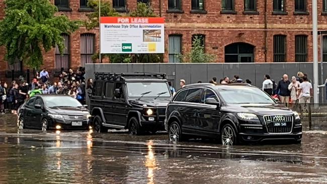 Flooding on Clarendon St, South Melbourne. Picture: Craig Hughes