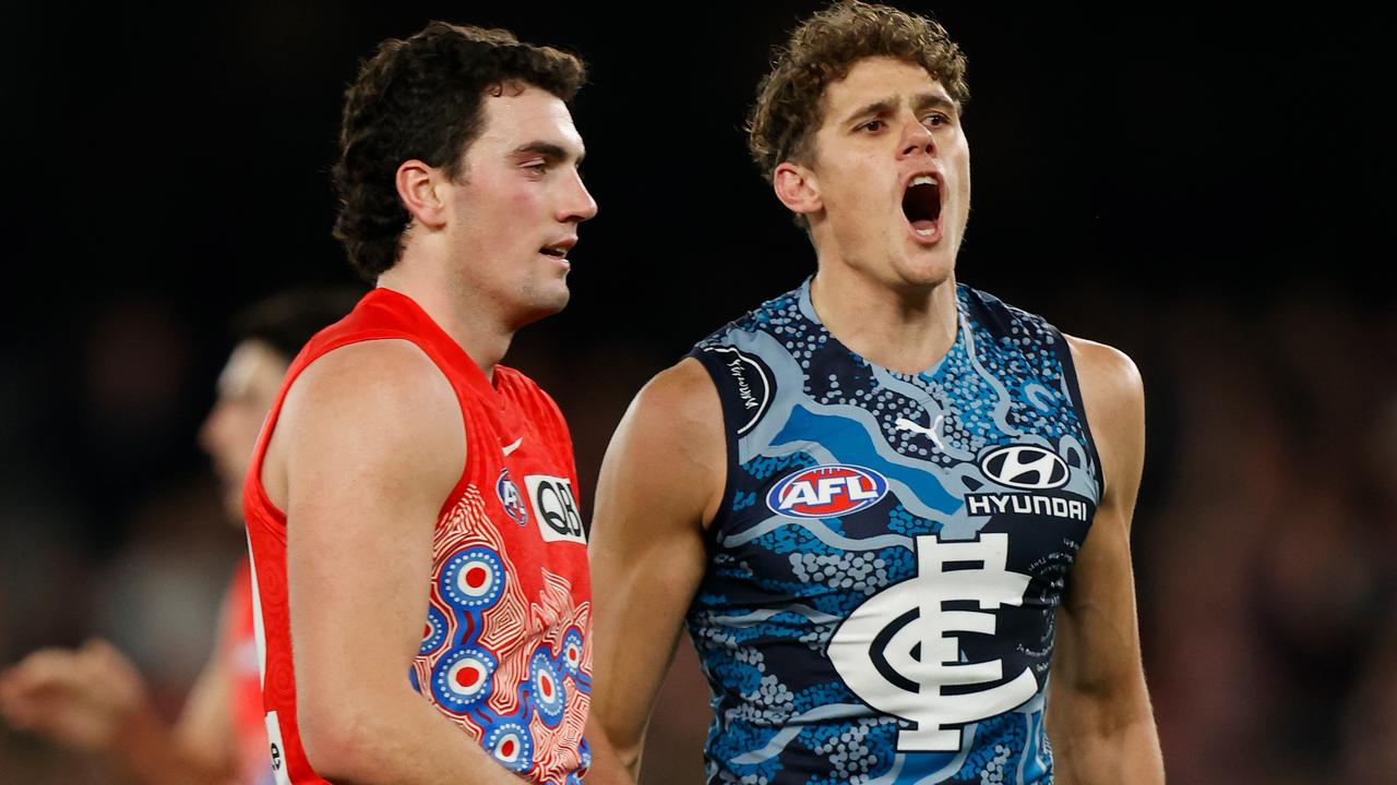 Charlie Curnow kicked five goals in the opening half against Sydney.