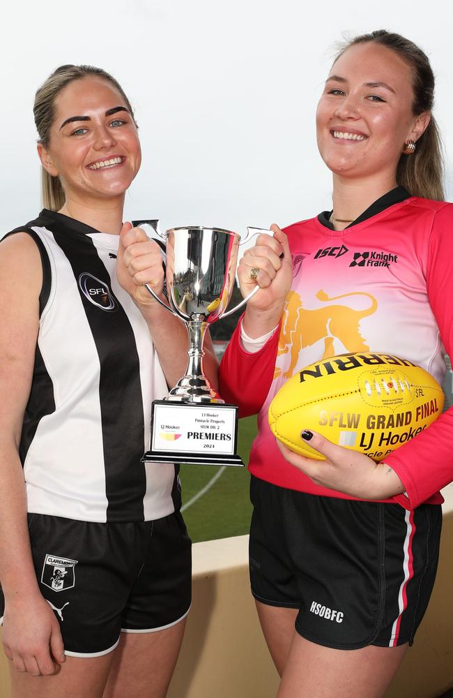 SFLW players, Kelli Smith from Claremont and Molly Garrett from Hutchins at North Hobart Oval prior to the division two grand final on Sunday. Picture: Linda Higginson