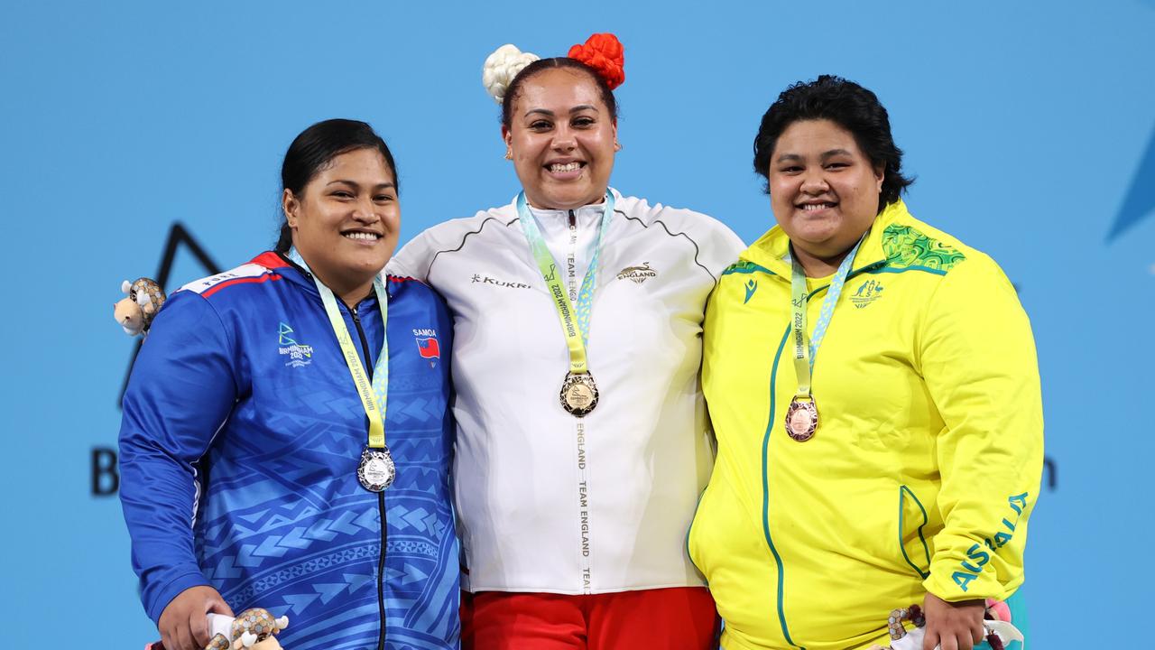 Silver medallist Feagaiga Stowers from Samoa, England’s gold medallist Emily Campbell and Charisma Amoe Tarrant. Picture: Ryan Pierse/Getty Images