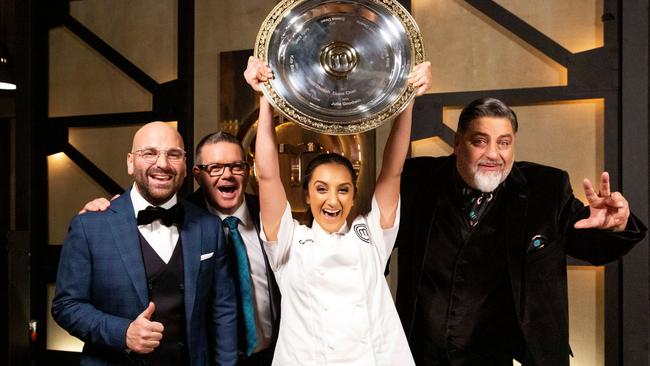 Winner Larissa Takchi with George Calombaris, Matt Preston and Gary Mehigan.