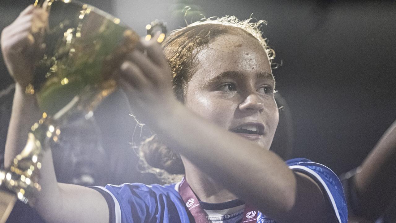 Rockville Rovers’ Charlotte Kidd celebrates winning the Football Queensland Darling Downs Community Juniors U13 Div 1 White grand final at Clive Berghofer Stadium. Picture: Kevin Farmer