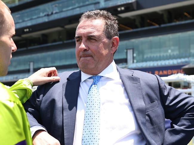 SYDNEY, AUSTRALIA - DECEMBER 21: Trainer Michael Freedman celebrates after Tommy Berry riding Pallaton wins Race 1 Shinzo @ Coolmore Plate during Sydney Racing at Royal Randwick Racecourse on December 21, 2024 in Sydney, Australia. (Photo by Jeremy Ng/Getty Images)