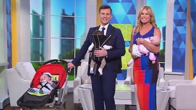 Sonia Kruger with by her baby girl Maggie and David Campbell with his twins Betty and Billy.