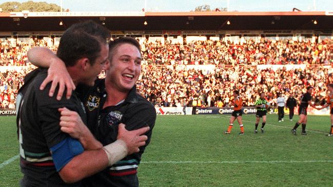 Mark Geyer and Chris Hicks celebrate after Penrith’s miraculous 23-point comeback win over the Wests Tigers during the 2000 season. Picture: Mark Evans