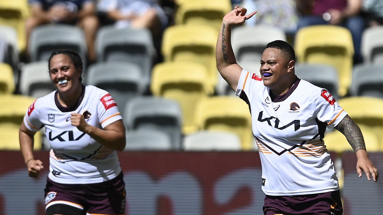 Mele Hufanga of the Broncos celebrates after scoring a try. Picture: Ian Hitchcock/Getty