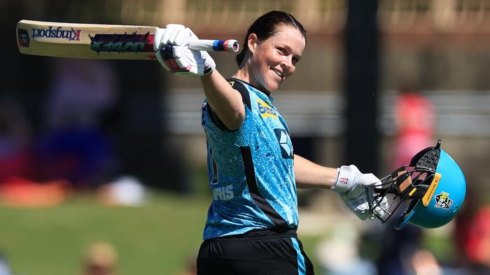 SYDNEY, AUSTRALIA - OCTOBER 22: Grace Harris of the Heat celebrates a century during the WBBL match between Perth Scorchers and Brisbane Heat at North Sydney Oval, on October 22, 2023, in Sydney, Australia. (Photo by Mark Evans/Getty Images)
