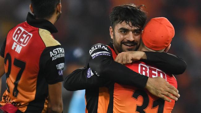 Rashid Khan celebrates a wicket for Sunrisers Hyderabad with teammate David Warner. Picture: AFP