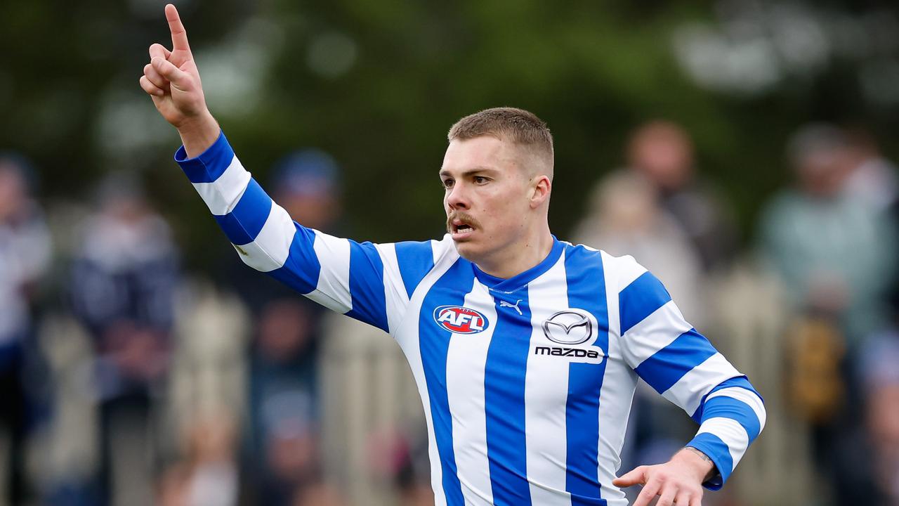 HOBART, AUSTRALIA - JULY 27: Cameron Zurhaar of the Kangaroos celebrates a goal during the 2024 AFL Round 20 match between the North Melbourne Kangaroos and the Geelong Cats at Blundstone Arena on July 27, 2024 in Hobart, Australia. (Photo by Dylan Burns/AFL Photos via Getty Images)