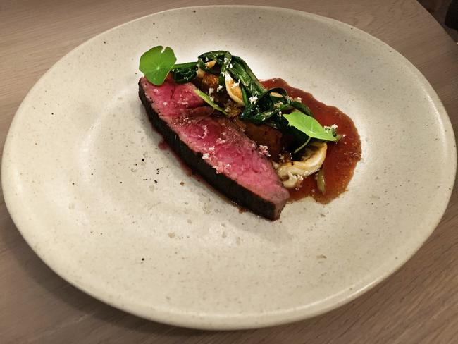 Mayura Station wagyu flank, pine mushroom, celeriac, wild garlic, Japanese mustard at Botanic Gardens Restaurant