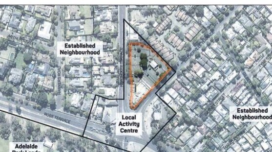 A map showing the boundary of the proposed area (orange) sought for rezoning, including the Buckingham Arms, and the current zoning classifications. Source: Matthews Group.