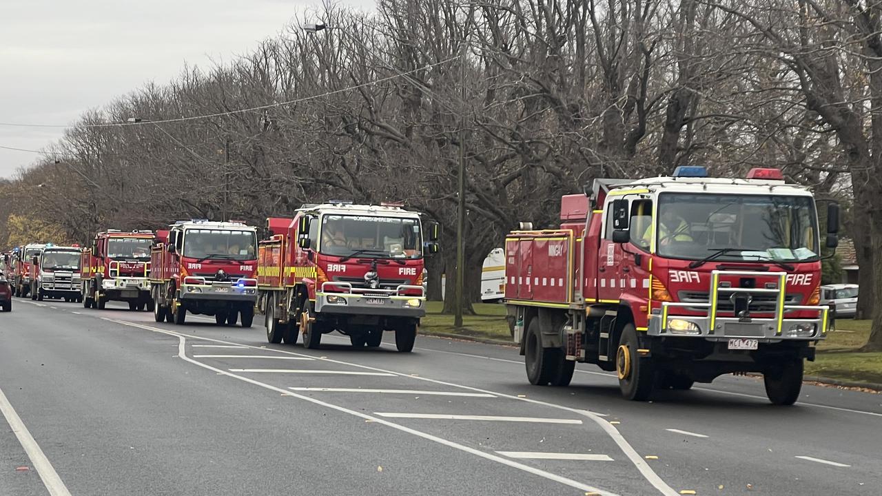 CFA trucks light up Camperdown as Premier arrives for first meeting of drought taskforce.