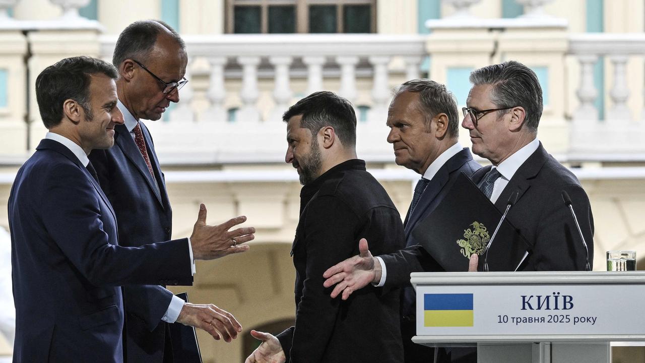 French President Emmanuel Macron, German Chancellor Friedrich Merz, Ukrainian President Volodymyr Zelensky, Polish Prime Minister Donald Tusk and British Prime Minister Keir Starmer shake hands after their joint press conference in Kyiv. Picture: Genya Savilov/AFP