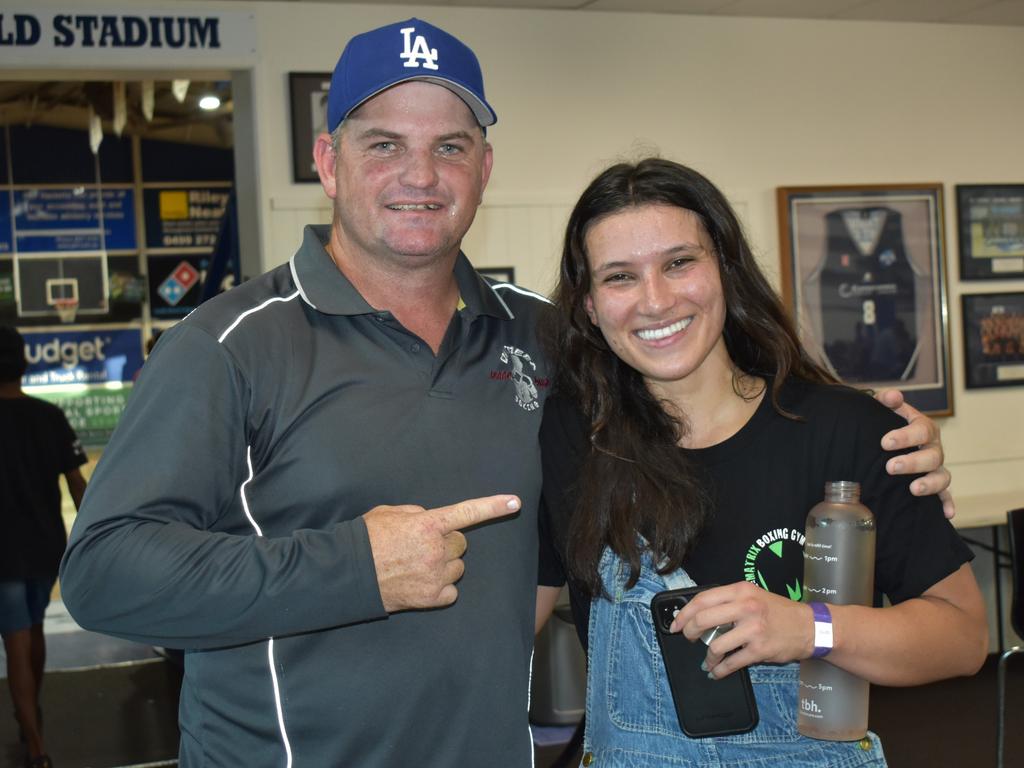 Craig Storch with fighter Lucy Cichero from Matrix Boxing Gym at the Reef 'n' Beef Fight Night, Bravus Arena, Rockhampton, on October 21, 2023.