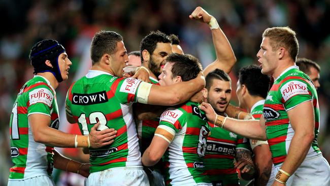 Luke Keary celebrates a try for Souths during the Manly Sea Eagles v South Sydney Rabbitohs Finals week 1 NRL game at Allianz Stadium, Sydney. pic Mark Evans