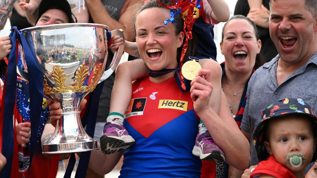 BRISBANE, AUSTRALIA - NOVEMBER 27: Daisy Pearce of the Demons celebrates with the trophy during the AFLW Grand Final match between the Brisbane Lions and the Melbourne Demons at Brighton Homes Arena on November 27, 2022 in Brisbane, Australia. (Photo by Matt Roberts/AFL Photos/Getty Images)