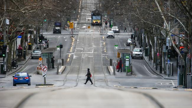 The effects of a stage 4 lockdown are evident as the streets of Melbourne's CBD resemble at times a ghost town. Picture: Ian Currie