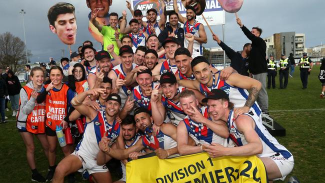 West Preston-Lakeside celebrate winning the NFL Division 1 premiership in 2019. Picture: Hamish Blair