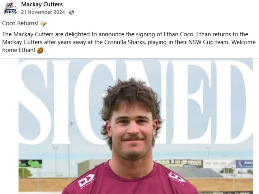 The Mackay Cutters announced the signing of Ethan Coco in November 2024. He was previously playing for the Cronulla Sharks in the NSW Cup. Picture: Facebook/Mackay Cutters