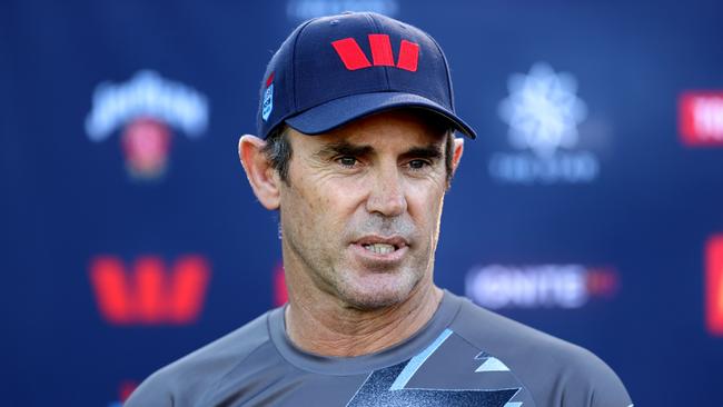 SYDNEY, AUSTRALIA - JULY 11: Blues coach, Brad Fittler speaks to the media during the New South Wales Blues State of Origin captain's run at NSWRL Centre of Excellence on July 11, 2023 in Sydney, Australia. (Photo by Brendon Thorne/Getty Images)